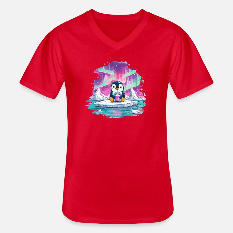 Pinguin auf Eis mit pinkem Drink - Männer-T-Shirt mit V-Ausschnitt - Rot