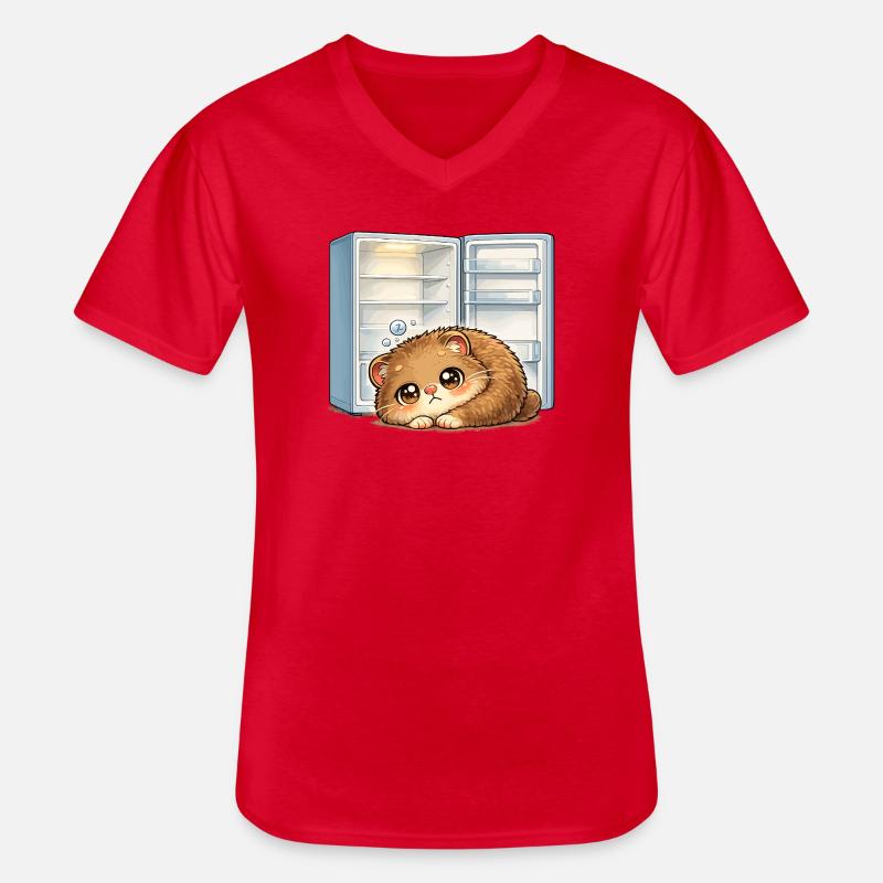 Petit chat devant un réfrigérateur ouvert - T-shirt col V Homme - rouge