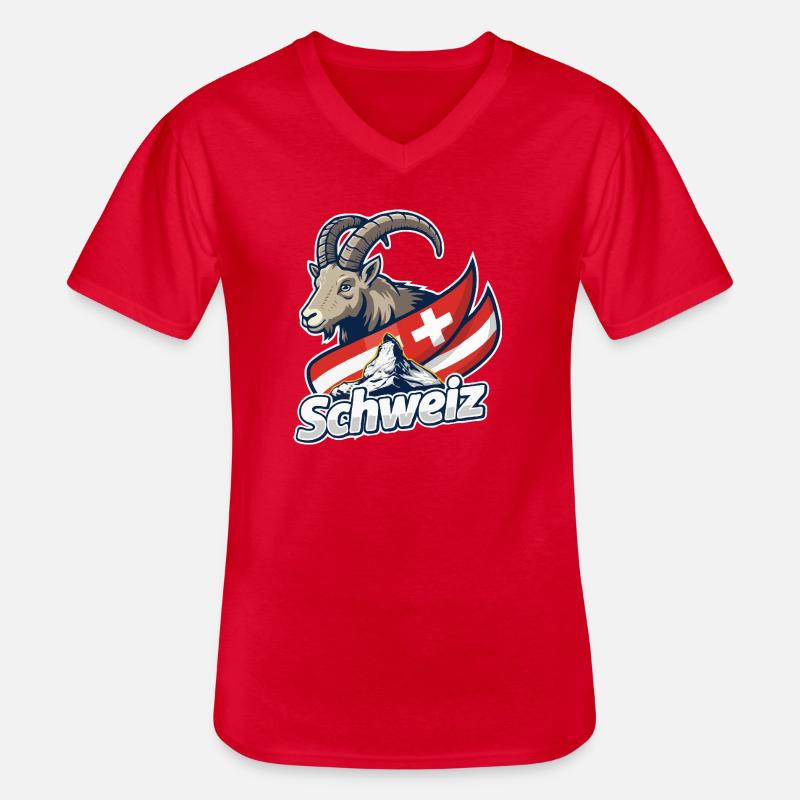 Alpensteinbock mit Schweizer Flagge - Männer-T-Shirt mit V-Ausschnitt - Rot