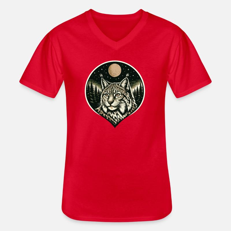 Silent Focus - Luchs im Woodcut Stil - Männer-T-Shirt mit V-Ausschnitt - Rot