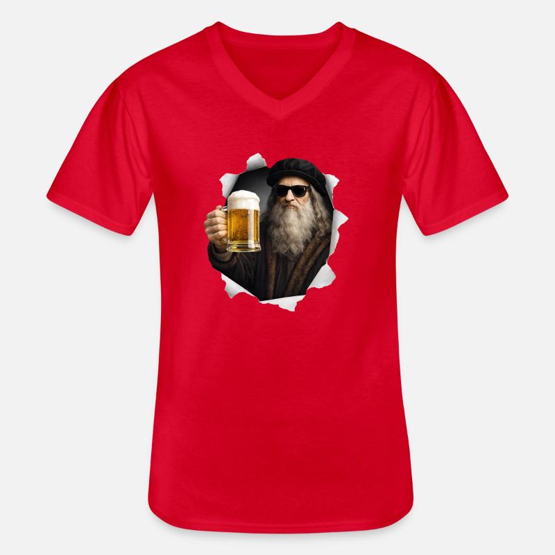 Leonardo Da Vinci con birra e occhiali da sole - Maglietta da uomo classica con scollo a V - rosso