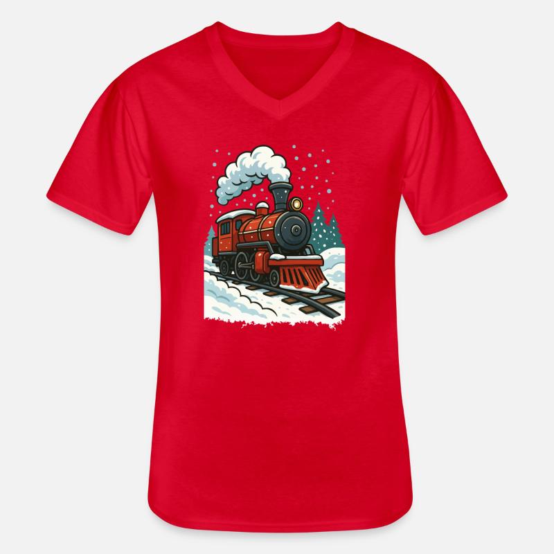 Winterliche Dampflok Comic - Männer-T-Shirt mit V-Ausschnitt - Rot