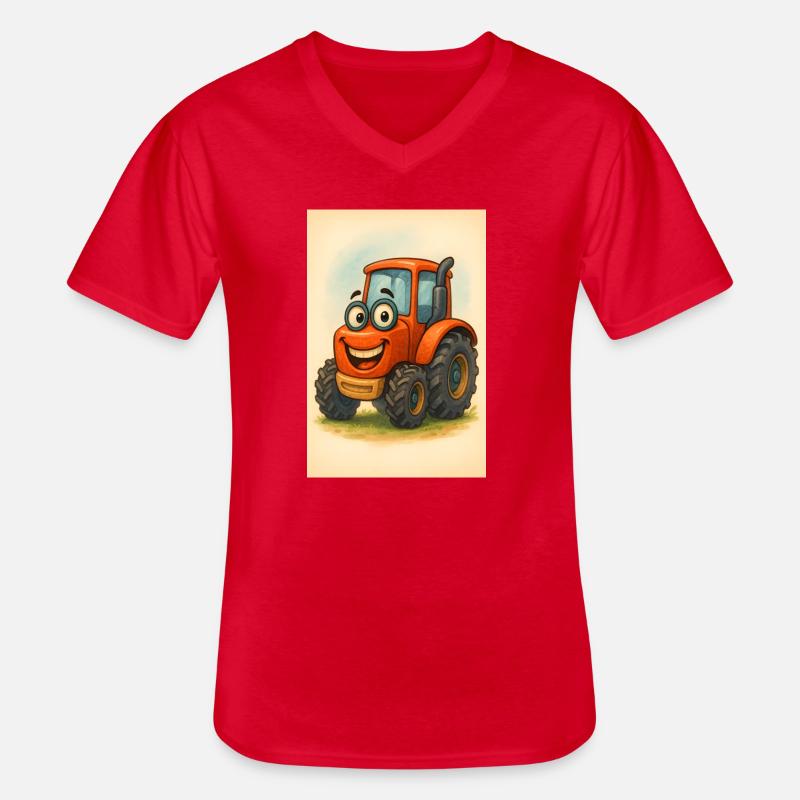 Glücklicher Traktor mit Gesicht - Männer-T-Shirt mit V-Ausschnitt - Rot