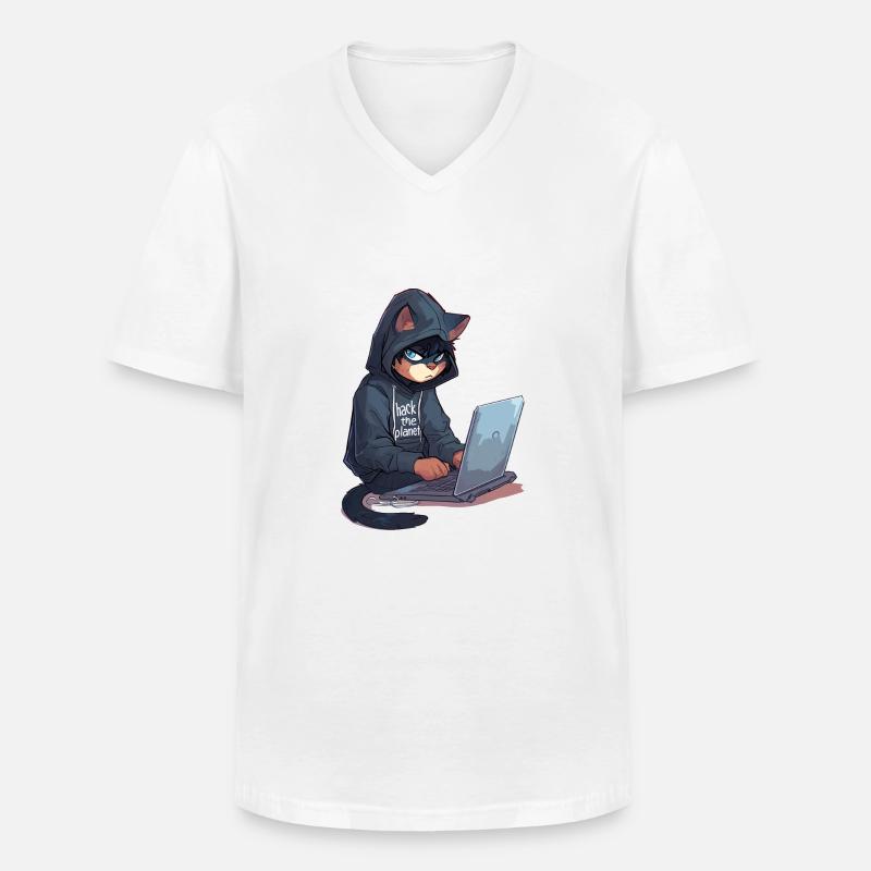Cyber Hacker Cat Hackerkatze - Männer-T-Shirt mit V-Ausschnitt - Weiß