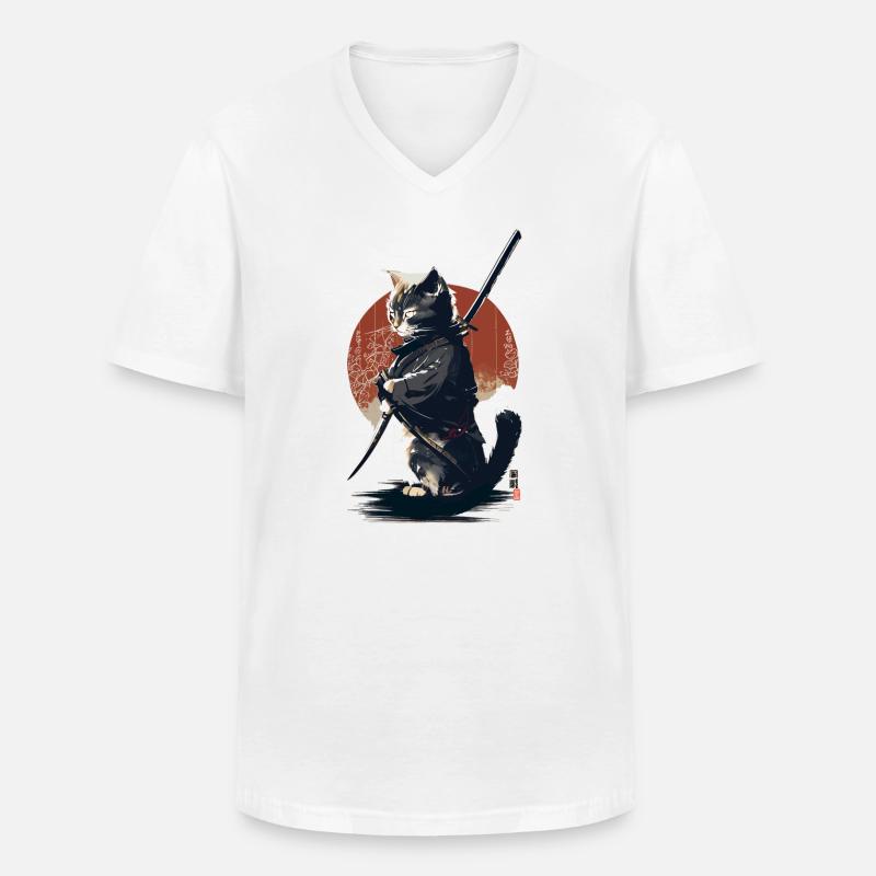 Kawaii Neko Samurai : Katzen-Samurai - Männer-T-Shirt mit V-Ausschnitt - Weiß