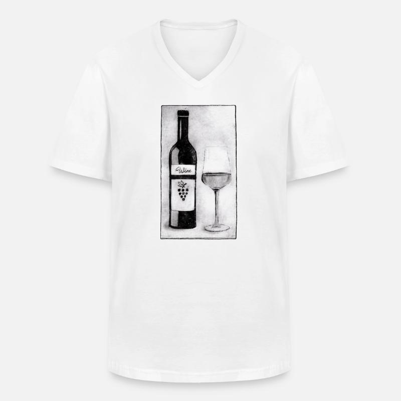 Weinflasche mit Glas - Druckvorlage handgeschnitzt - Männer-T-Shirt mit V-Ausschnitt - Weiß