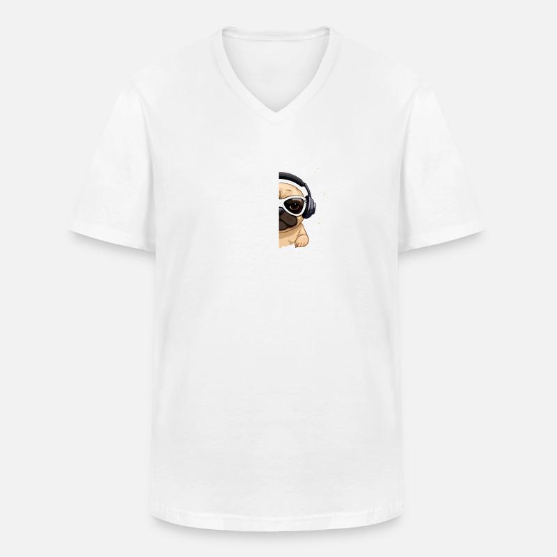 Cooler Kopfhörer Mops & Kaffee Design - Männer-T-Shirt mit V-Ausschnitt - Weiß