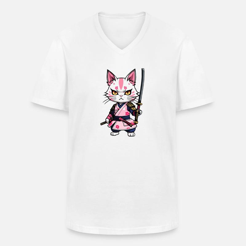 Samurai Katze & Kirschblüten #8 - Männer-T-Shirt mit V-Ausschnitt - Weiß