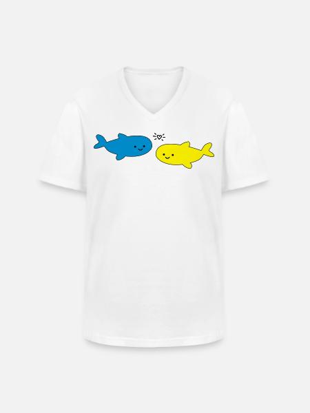 Fröhliche Fische Blau Gelb - Männer-T-Shirt mit V-Ausschnitt - Weiß