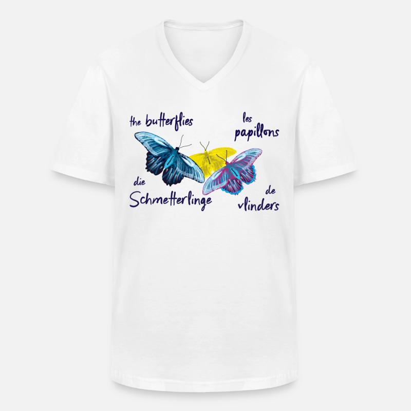 Bunte Schmetterlinge, 4 Sprachen - Männer-T-Shirt mit V-Ausschnitt - Weiß