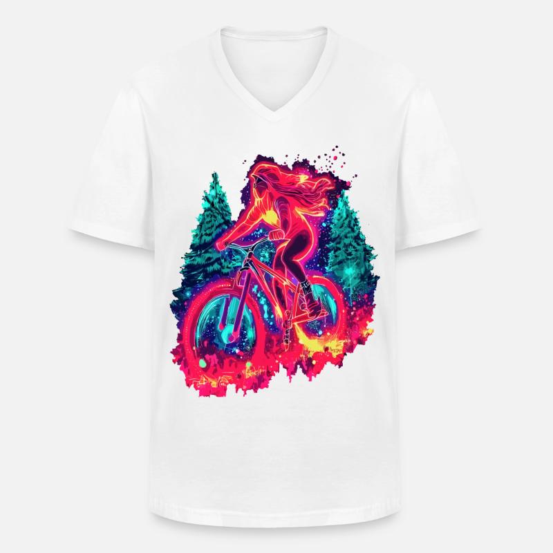 Synthwave Mountainbike Mädchen Waldfahrt - Männer-T-Shirt mit V-Ausschnitt - Weiß