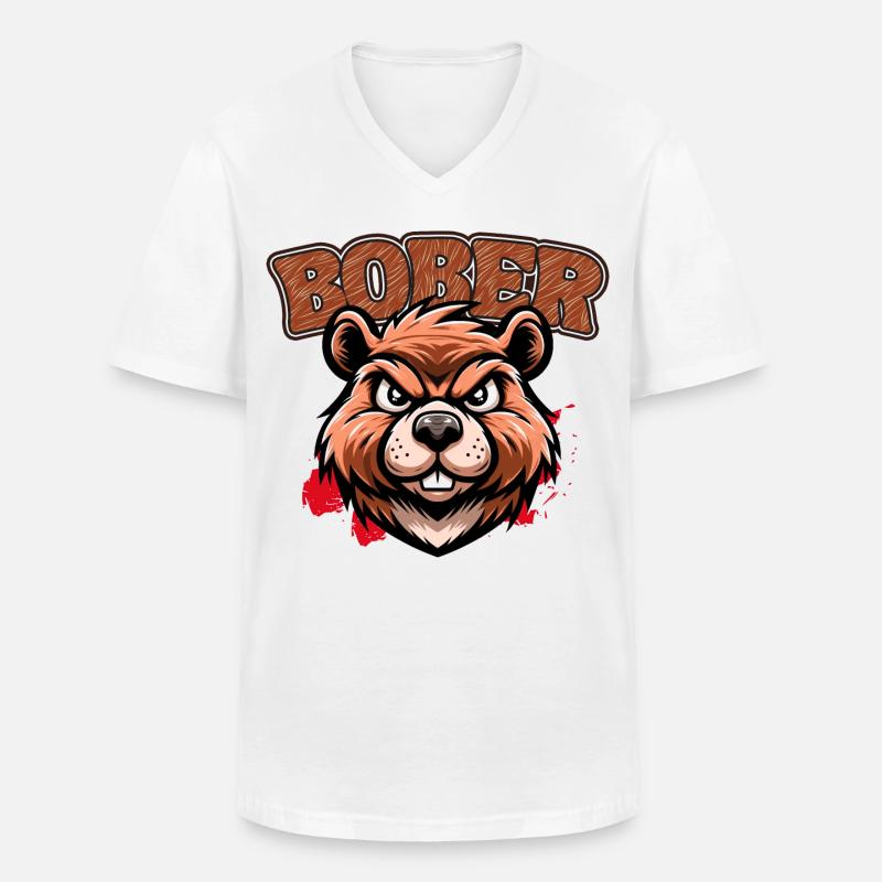 Bober | Polnisches Trenddesign - Männer-T-Shirt mit V-Ausschnitt - Weiß
