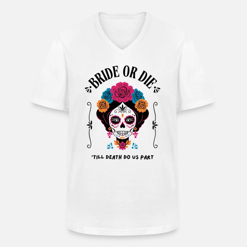 Sposa o muori - Sugar Skull Design - Maglietta da uomo classica con scollo a V - bianco