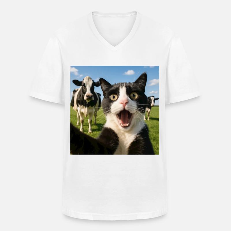 Lustige Katze Kuh Selfie Geschenkidee - Männer-T-Shirt mit V-Ausschnitt - Weiß