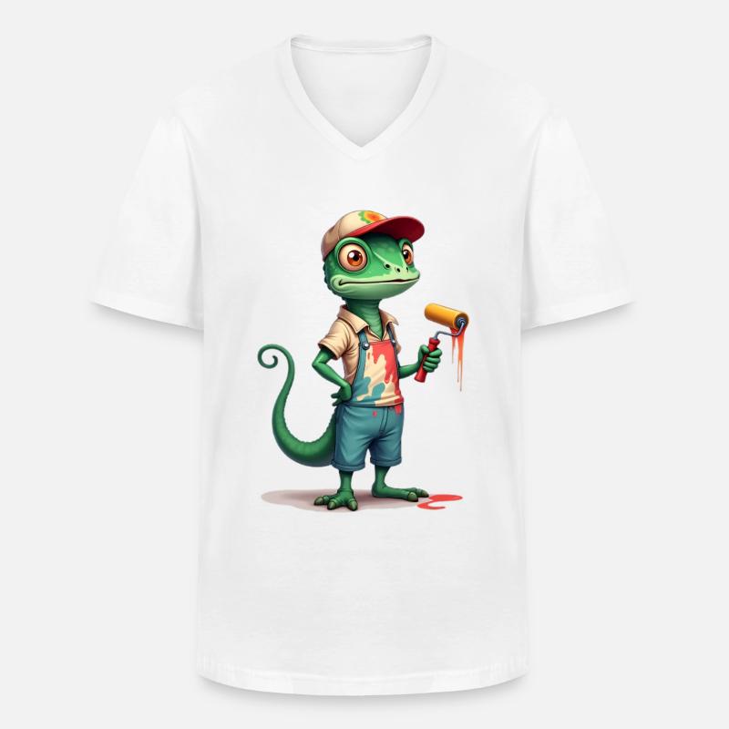Chamäleon Maler Cartoon mit Farbroller - Männer-T-Shirt mit V-Ausschnitt - Weiß