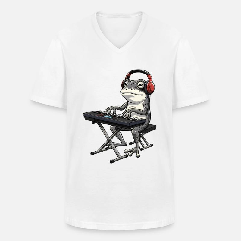 Frosch mit Keyboard und Kopfhörern - Männer-T-Shirt mit V-Ausschnitt - Weiß