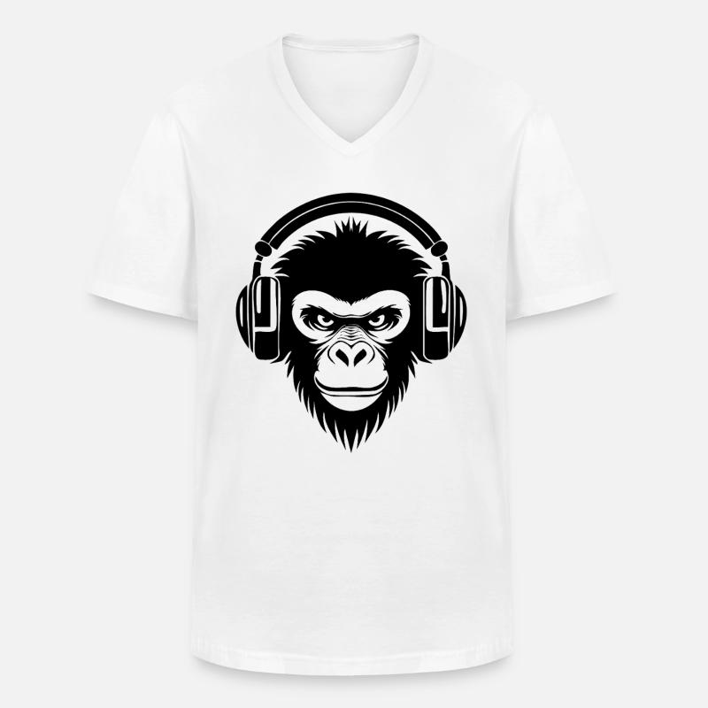 Finsterer Comic-Affe mit Kopfhörern Shirt - Männer-T-Shirt mit V-Ausschnitt - Weiß