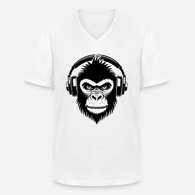 Frecher Comic-Affe mit Kopfhörern Shirt - Männer-T-Shirt mit V-Ausschnitt - Weiß