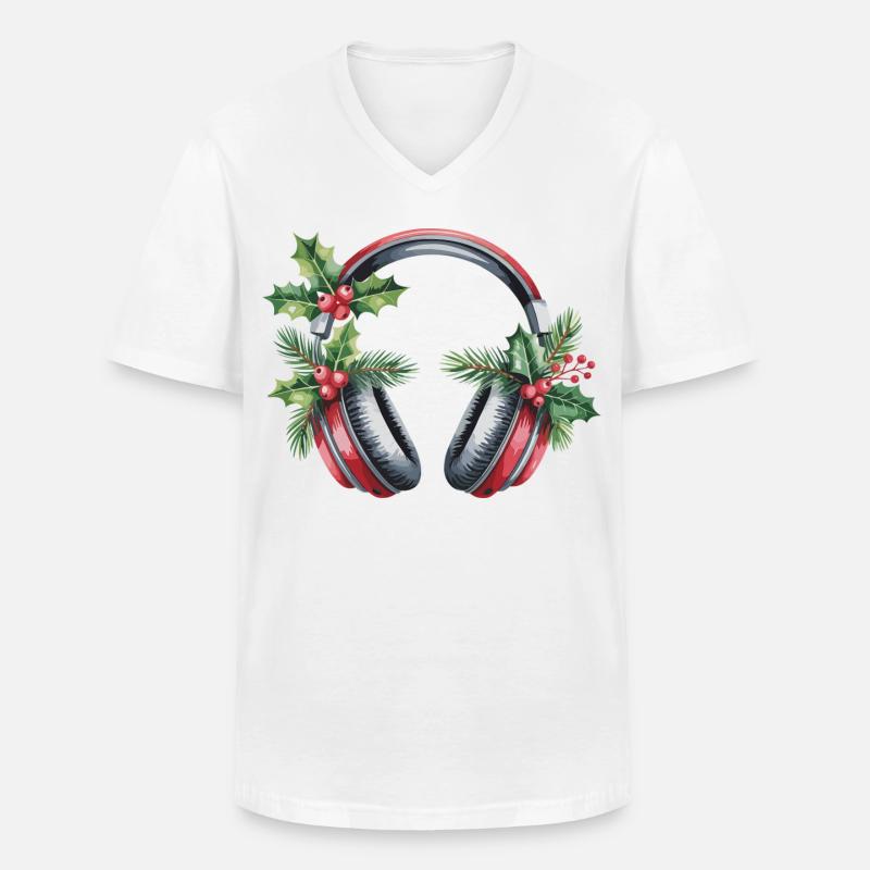 Weihnachtskopfhörer mit Tannengrün - Männer-T-Shirt mit V-Ausschnitt - Weiß