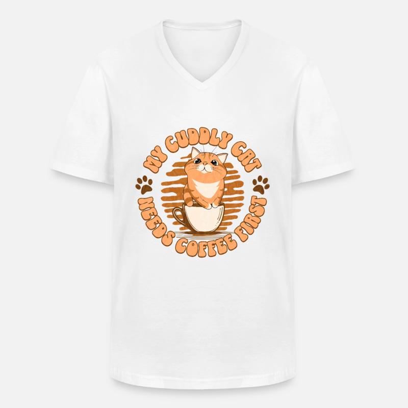 My Cuddly Cat - Needs Coffee First - Männer-T-Shirt mit V-Ausschnitt - Weiß
