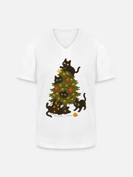 Funny Cats Playing Around Christmas Tree - Men's V-Neck T-Shirt - white