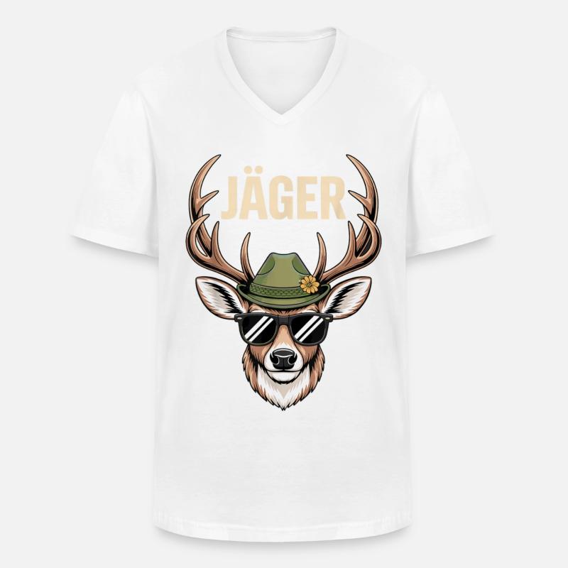 Jäger Hirsch mit Hut Sonnenbrille - Männer-T-Shirt mit V-Ausschnitt - Weiß