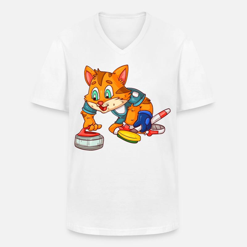Curlingspieler Katze - Männer-T-Shirt mit V-Ausschnitt - Weiß
