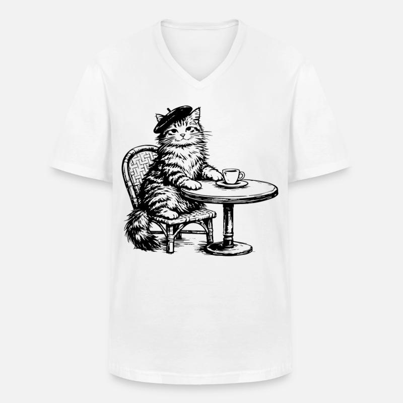 Gatto con Basco al Caffè - Design Retro Vintage - Maglietta da uomo classica con scollo a V - bianco