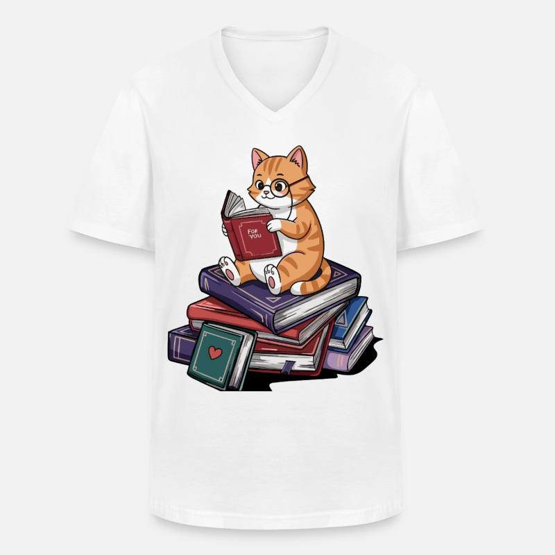 Bücherwurm-Katze Kätzchen liest Bücher Kunst - Männer-T-Shirt mit V-Ausschnitt - Weiß