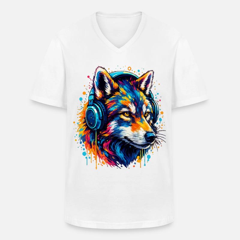 Fuchs mit Neon Kopfhörer Kunst - Männer-T-Shirt mit V-Ausschnitt - Weiß