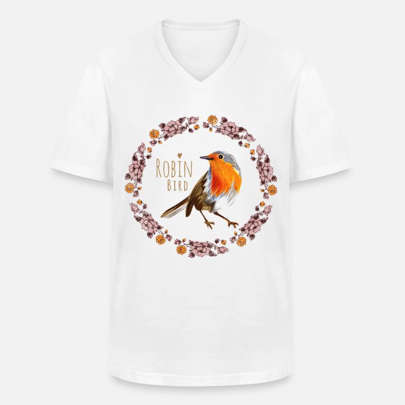 Rotkehlchen Vogel mit botanischen Blumen Design - Männer-T-Shirt mit V-Ausschnitt - Weiß