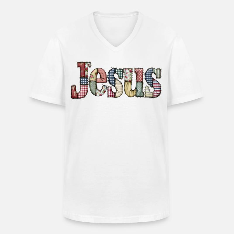 Patchwork Jesus Schriftzug - Männer-T-Shirt mit V-Ausschnitt - Weiß