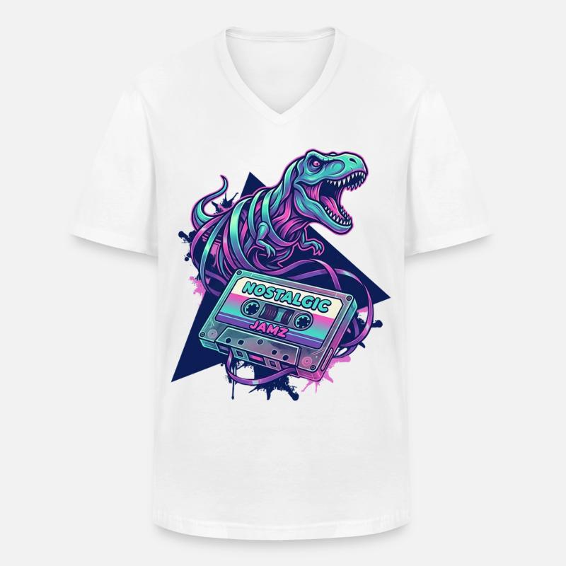 Dinosaurier-Nostalgische Neon-Kassette 80er/90er - Männer-T-Shirt mit V-Ausschnitt - Weiß