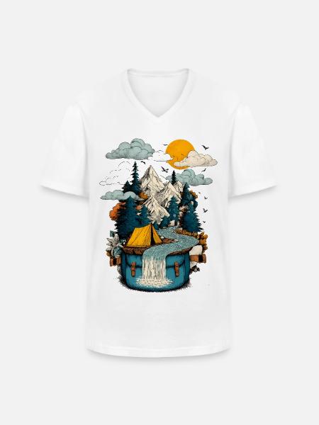 Mountain Lake Path - Camping Backpacker Motif - Men's V-Neck T-Shirt - white