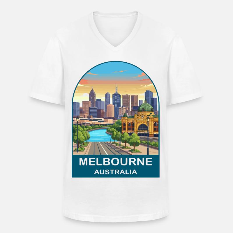 Melbourne, Australien, Flinders St Reiseplakat - Männer-T-Shirt mit V-Ausschnitt - Weiß