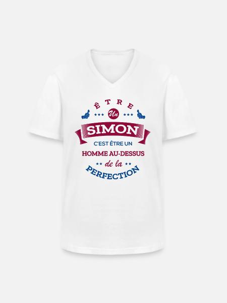SIMON PARFAIT - NOM SIMON - T-shirt col V Homme - blanc