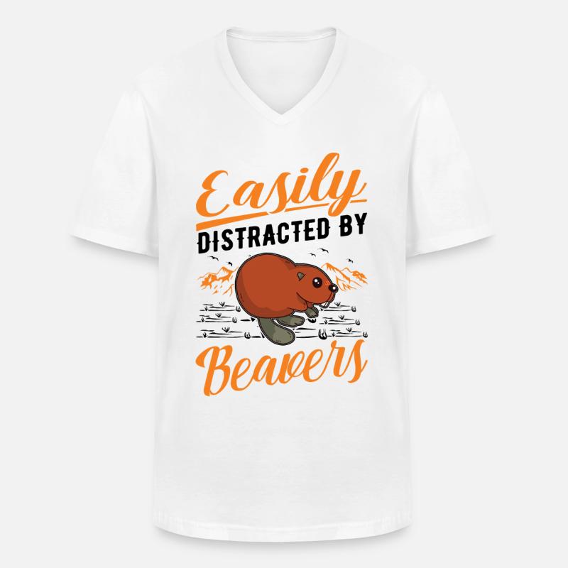Easily distracted by Beavers Biber - Männer-T-Shirt mit V-Ausschnitt - Weiß