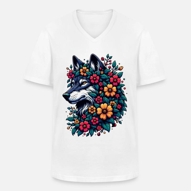Wolf Mit Blumen Buntes Tiermotiv Grauwolf Blüten - Männer-T-Shirt mit V-Ausschnitt - Weiß