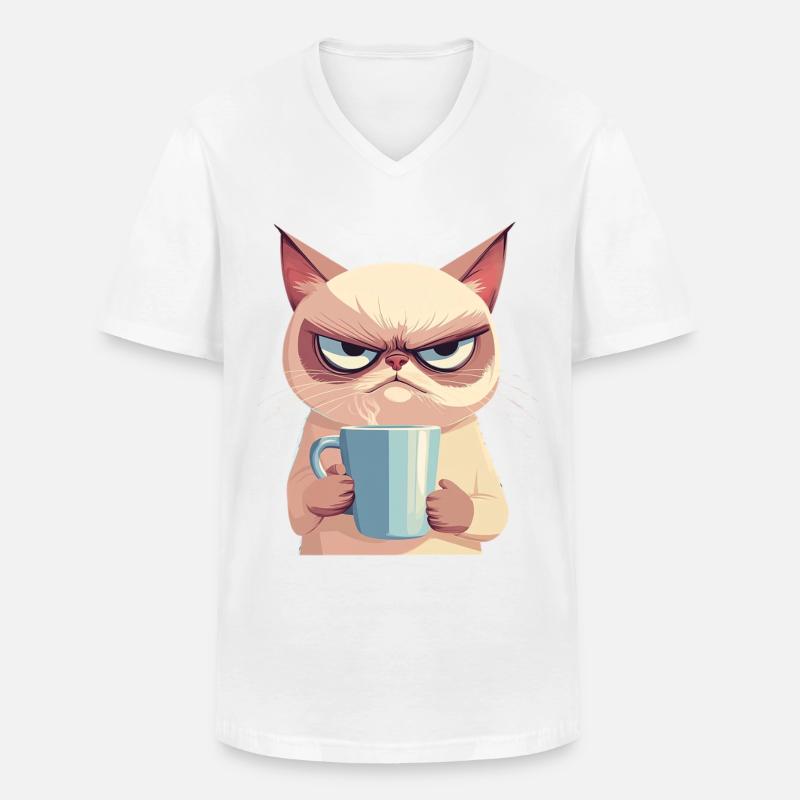 Grumpy-Stil: Grantige Katze mit Kaffee - Männer-T-Shirt mit V-Ausschnitt - Weiß