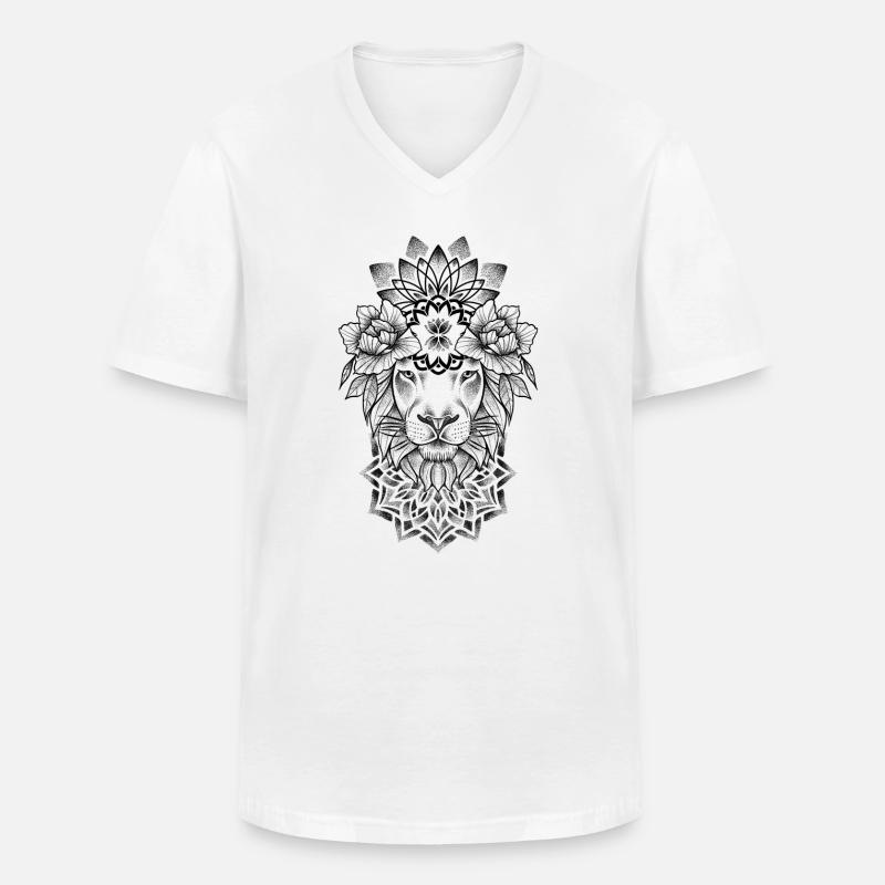 Lion and Mandala dotwork tatoveringskunst - Klassisk T-skjorte med V-hals for menn - hvit