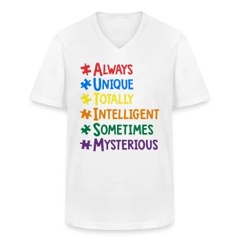 Typographie de mots colorés de sensibilisation à l'autisme - T-shirt col V Homme - blanc - Devant - AI Model Male 185 light (185cm)