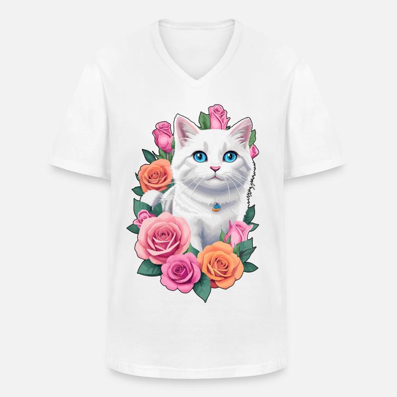 Katze mit Rosen - Männer-T-Shirt mit V-Ausschnitt - Weiß