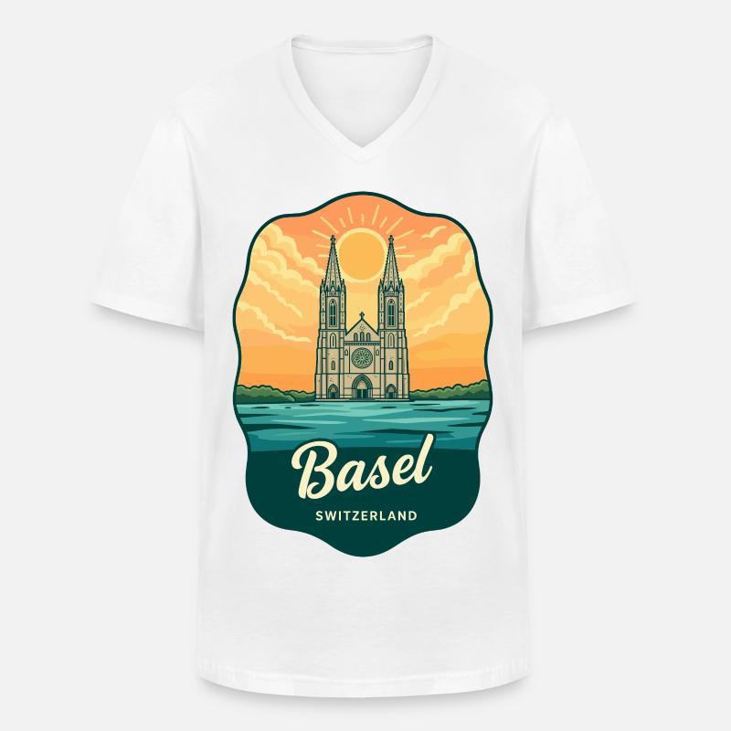 Basel Minster Retro Sonnenuntergangs-Reiseabzeichen - Männer-T-Shirt mit V-Ausschnitt - Weiß