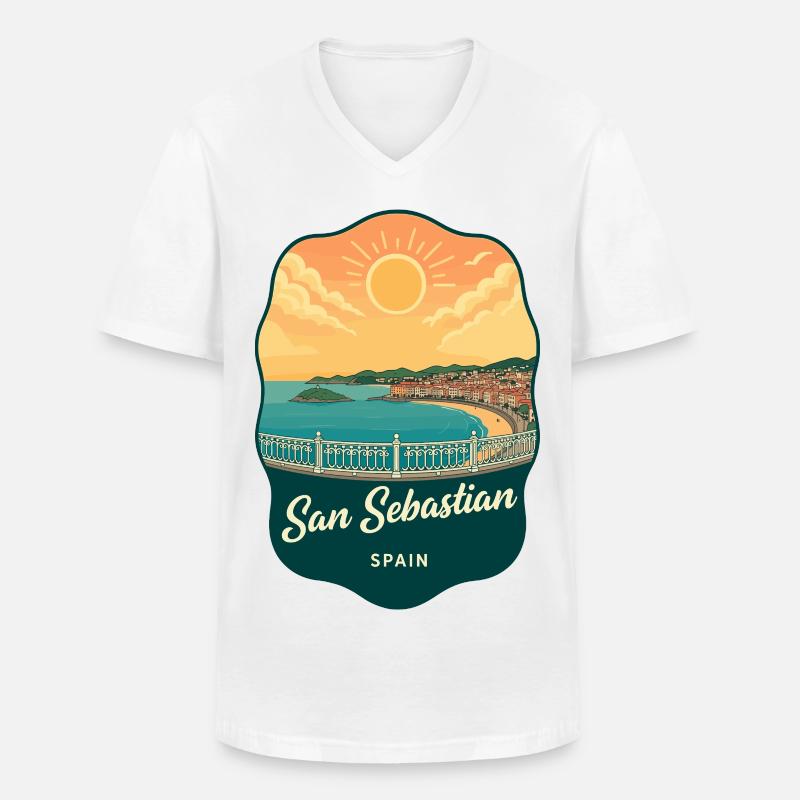 San Sebastian La Concha Retro-Sonnenuntergangsabzeichen - Männer-T-Shirt mit V-Ausschnitt - Weiß