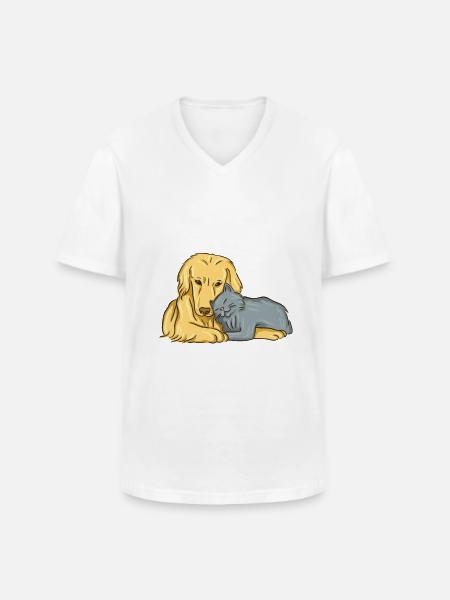 Hond en kat knuffelen dierenliefde - Klassiek mannen T-shirt met V-hals - wit