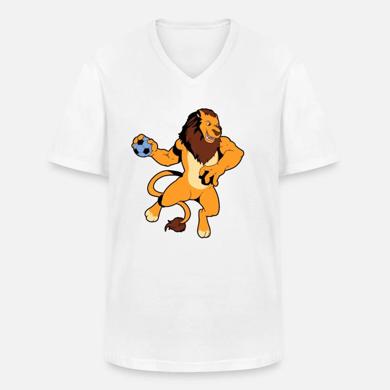 Comic Löwe spielt Handball - Männer-T-Shirt mit V-Ausschnitt - Weiß