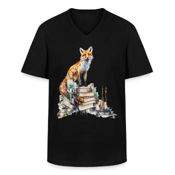Fox Book Books Reading Art Gift Animal Zoo - T-shirt col V Homme - noir - Devant - AI Model Male 178 dark (178cm)