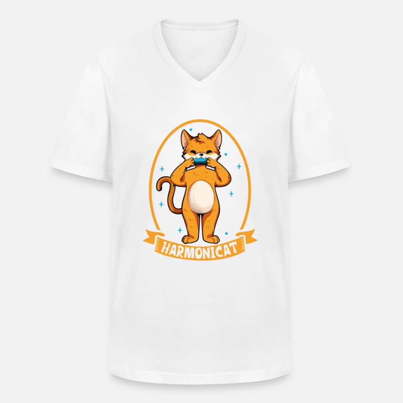Harmonicat - Chat avec harmonica - T-shirt col V Homme - blanc