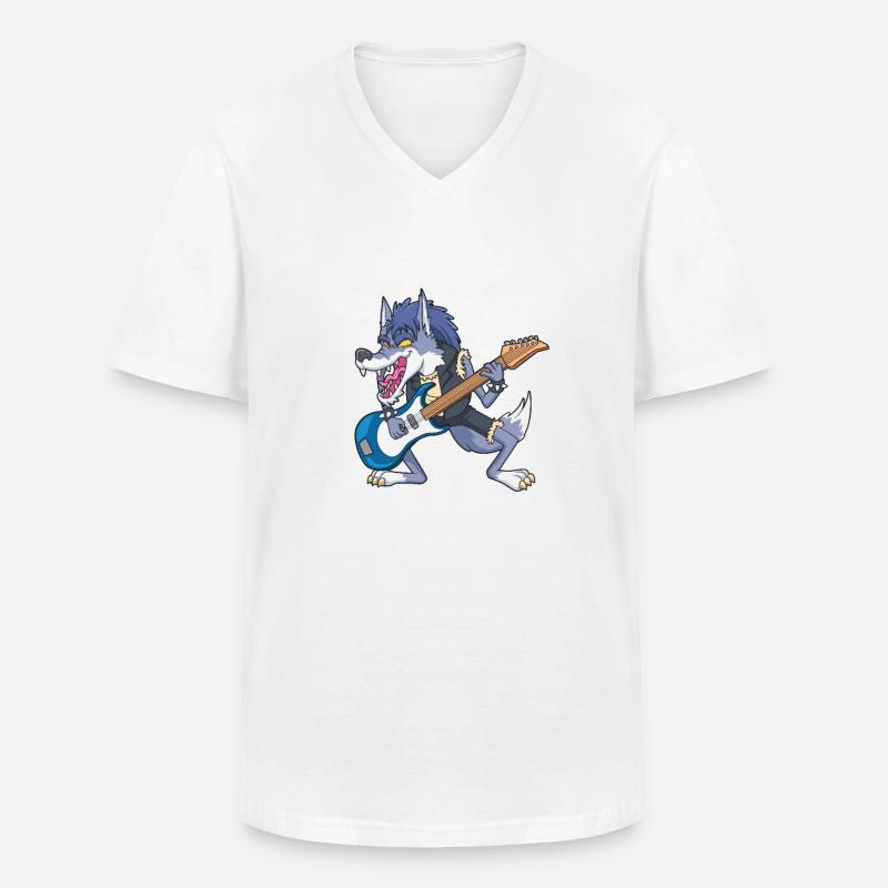 Cartoon Wolf rockt E-Gitarre - Männer-T-Shirt mit V-Ausschnitt - Weiß