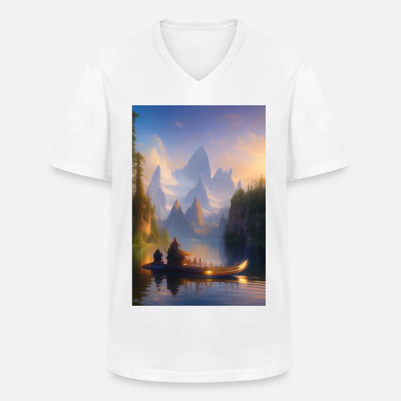 Landschaft mit See, Boot und Berge - Männer-T-Shirt mit V-Ausschnitt - Weiß